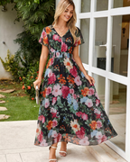 Isabella Women's Floral Maxi Dress – V-Neck Flutter Sleeve Dress for Weddings