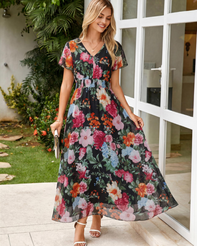Isabella Women's Floral Maxi Dress – V-Neck Flutter Sleeve Dress for Weddings