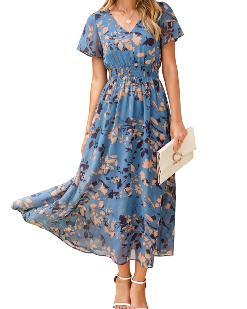 Isabella Women's Floral Maxi Dress – V-Neck Flutter Sleeve Dress for Weddings