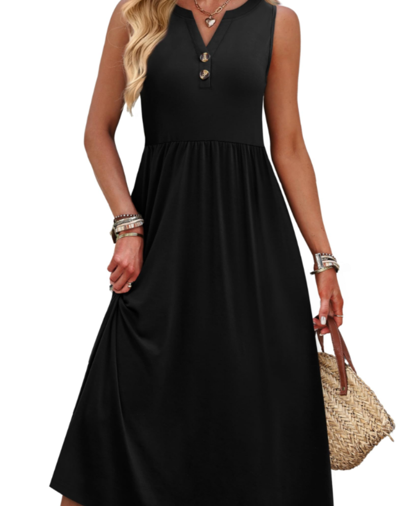 Sophia Women's Maxi Dress – V-Neck Button Front Dress with Pockets and Side Slit