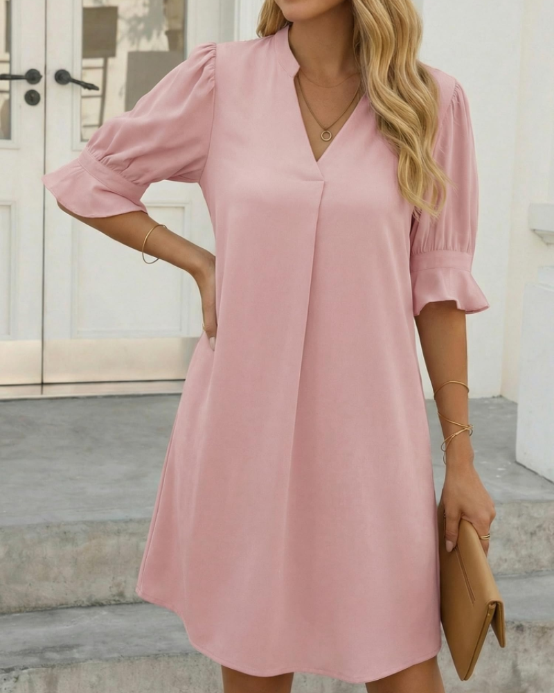 Tessa Women's V-Neck Midi Dress – Ruched Sleeve Summer Dress in Solid Color