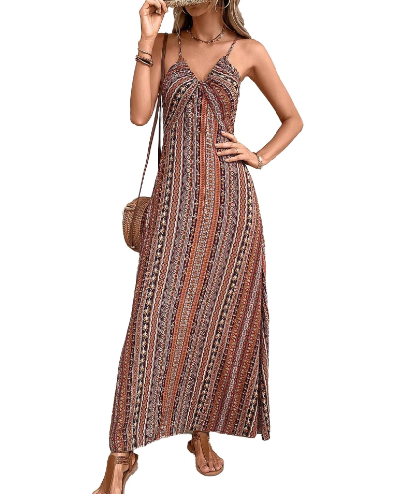 Sienna Women's Bohemian Maxi Dress – Sleeveless V-Neck Ethnic Print Summer Dress