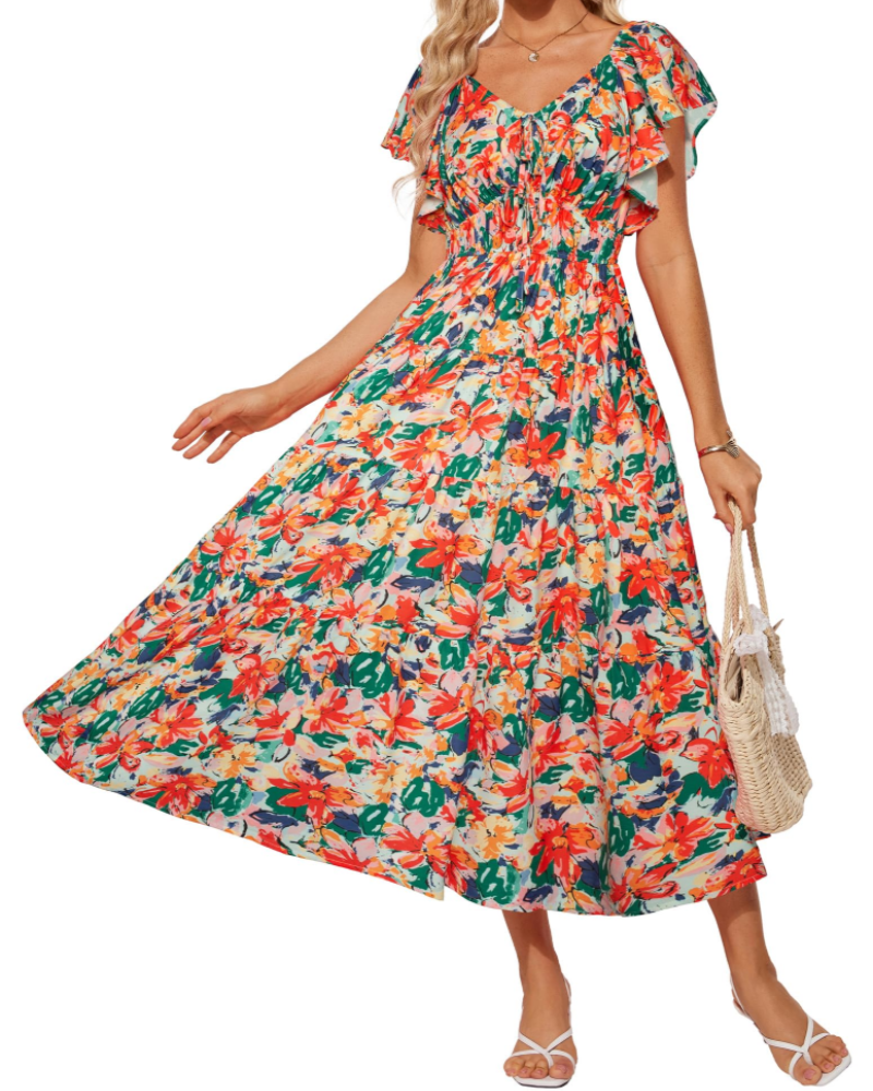 Camryn Women's Floral Maxi Dress – V-Neck Ruffle Sleeve Elastic Waist Boho Dress