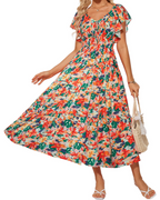 Camryn Women's Floral Maxi Dress – V-Neck Ruffle Sleeve Elastic Waist Boho Dress