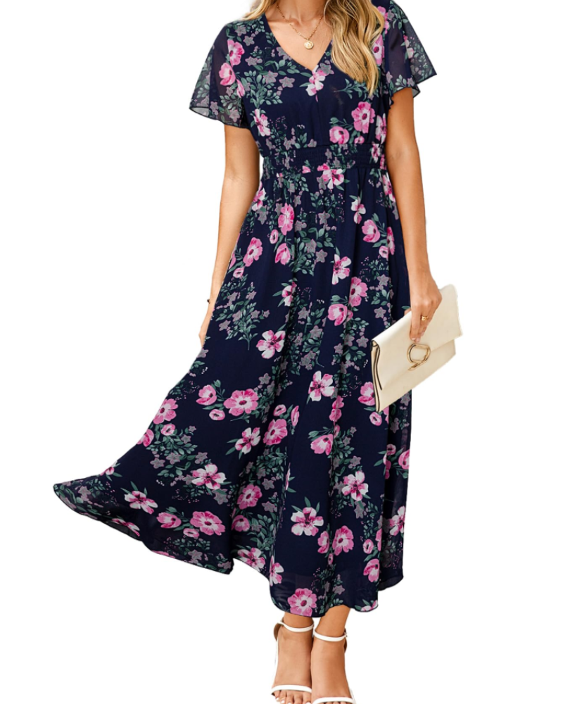 Isabella Women's Floral Maxi Dress – V-Neck Flutter Sleeve Dress for Weddings