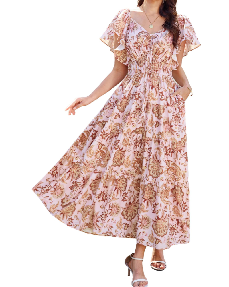 Camryn Women's Floral Maxi Dress – V-Neck Ruffle Sleeve Elastic Waist Boho Dress