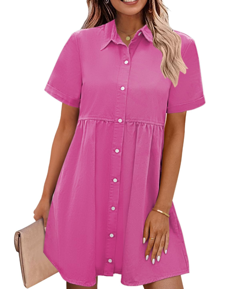 Emma Women's Denim Shirt Dress – Babydoll Button Down Dress with Tiered Detail