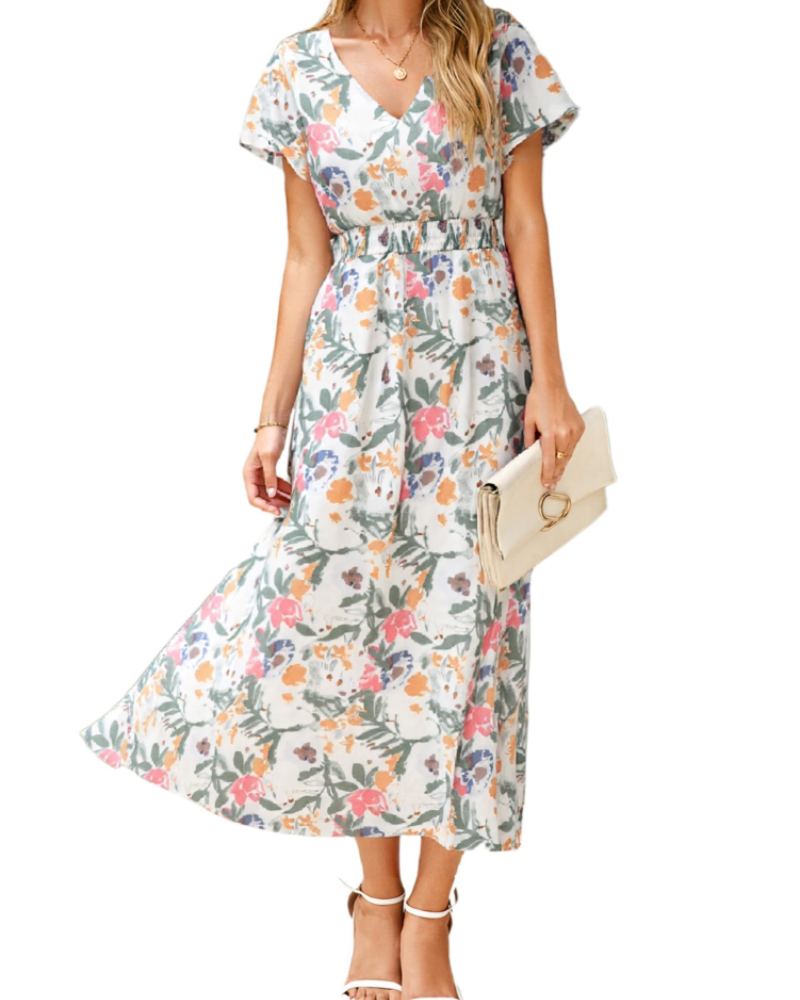 Isabella Women's Floral Maxi Dress – V-Neck Flutter Sleeve Dress for Weddings