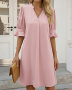 Tessa Women's V-Neck Midi Dress – Ruched Sleeve Summer Dress in Solid Color