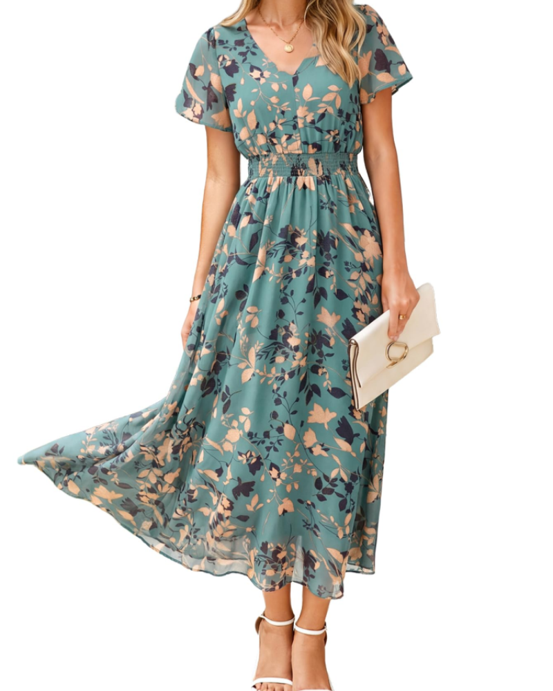 Isabella Women's Floral Maxi Dress – V-Neck Flutter Sleeve Dress for Weddings
