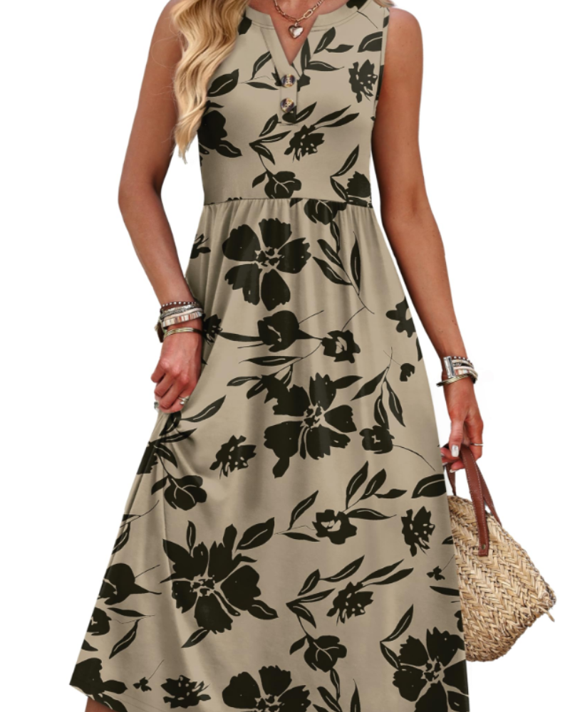 Sophia Women's Maxi Dress – V-Neck Button Front Dress with Pockets and Side Slit