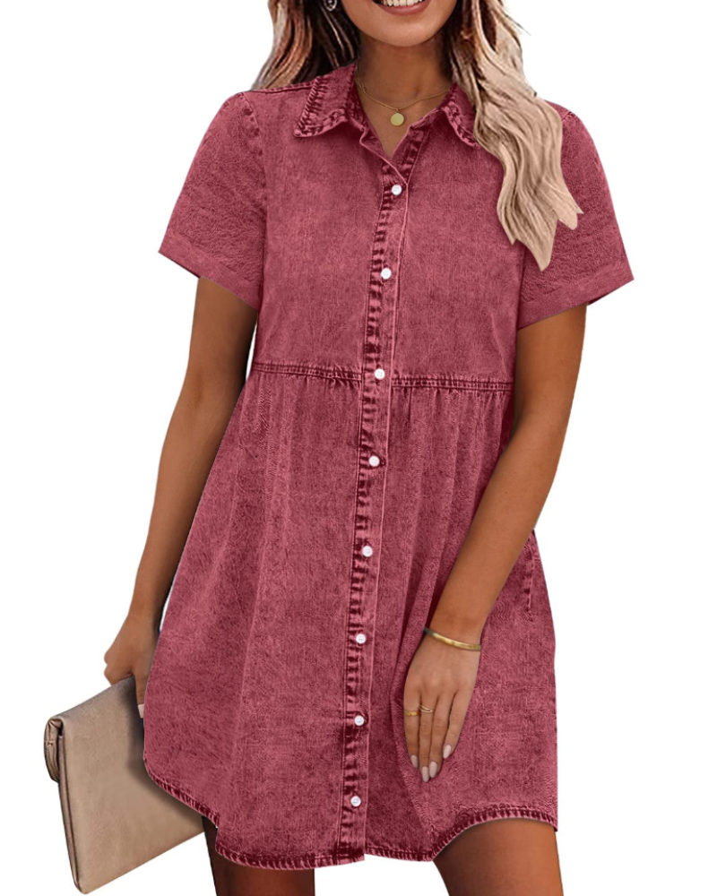 Emma Women's Denim Shirt Dress – Babydoll Button Down Dress with Tiered Detail