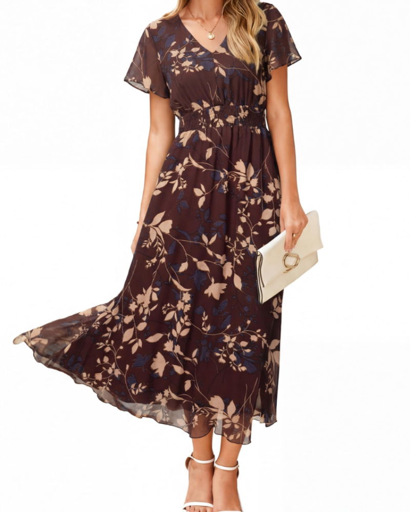 Isabella Women's Floral Maxi Dress – V-Neck Flutter Sleeve Dress for Weddings