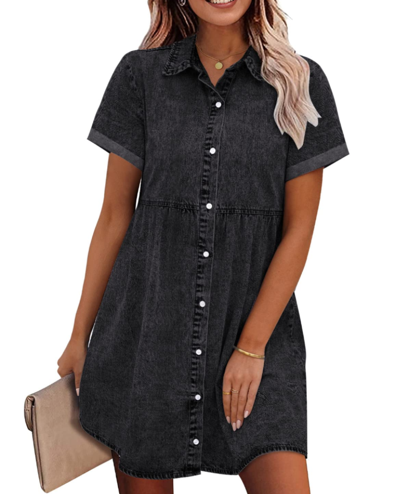 Emma Women's Denim Shirt Dress – Babydoll Button Down Dress with Tiered Detail