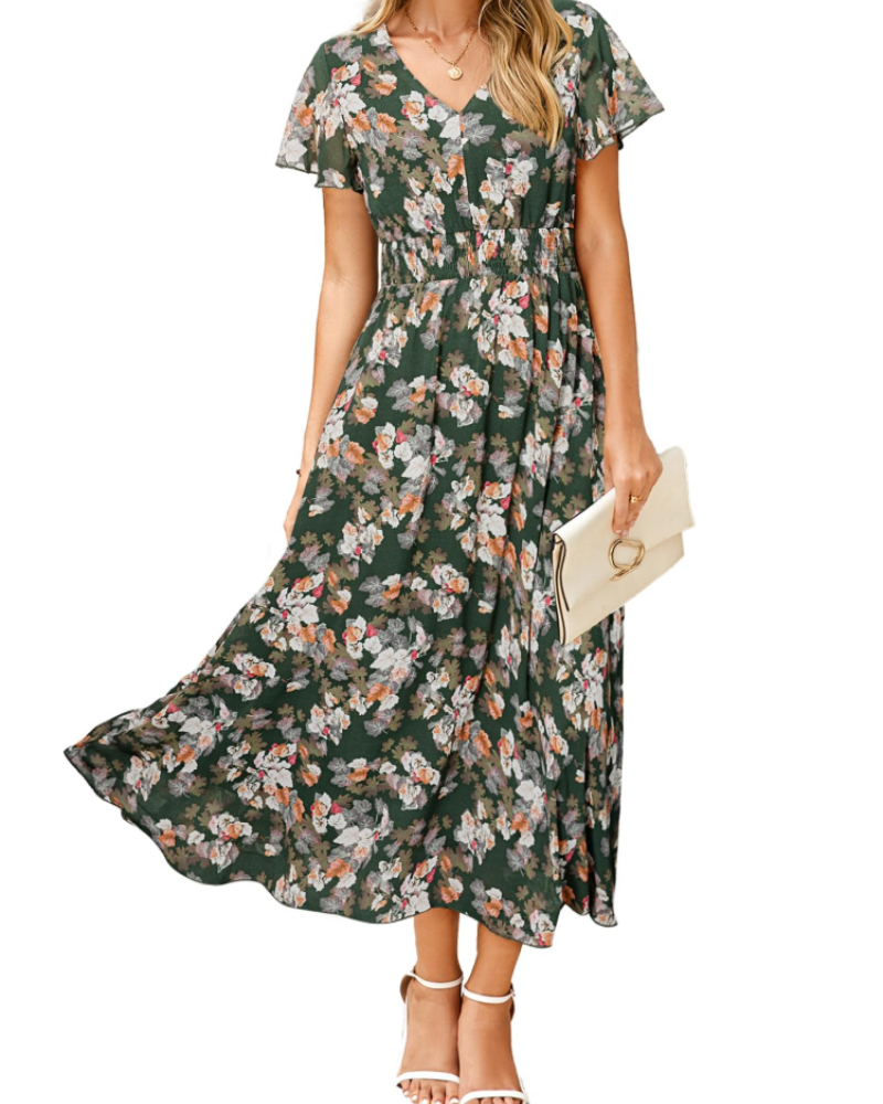 Isabella Women's Floral Maxi Dress – V-Neck Flutter Sleeve Dress for Weddings