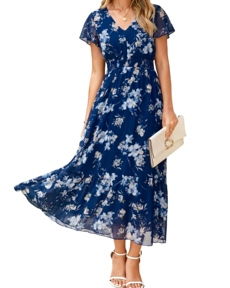 Isabella Women's Floral Maxi Dress – V-Neck Flutter Sleeve Dress for Weddings