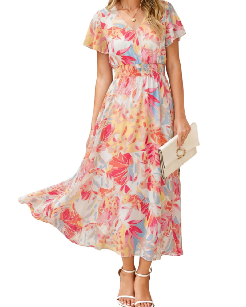 Isabella Women's Floral Maxi Dress – V-Neck Flutter Sleeve Dress for Weddings