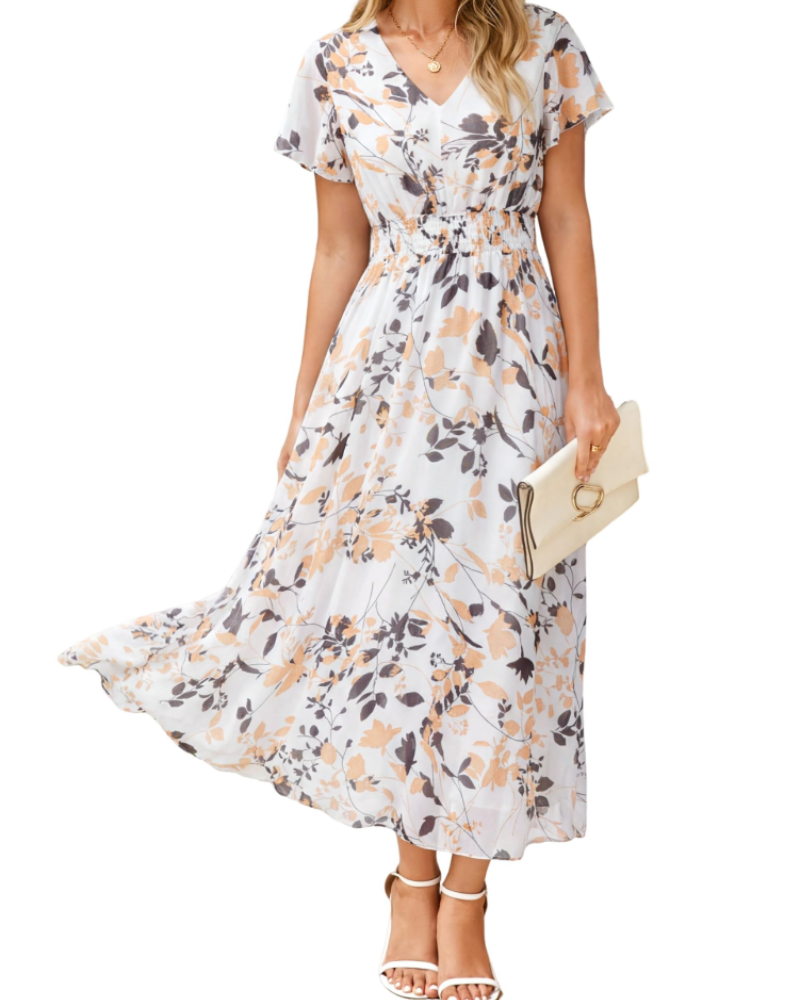 Isabella Women's Floral Maxi Dress – V-Neck Flutter Sleeve Dress for Weddings