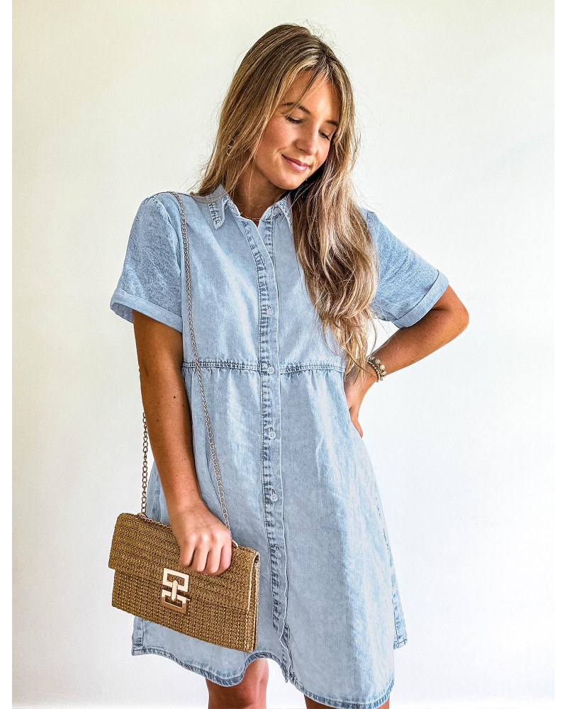 Emma Women's Denim Shirt Dress – Babydoll Button Down Dress with Tiered Detail