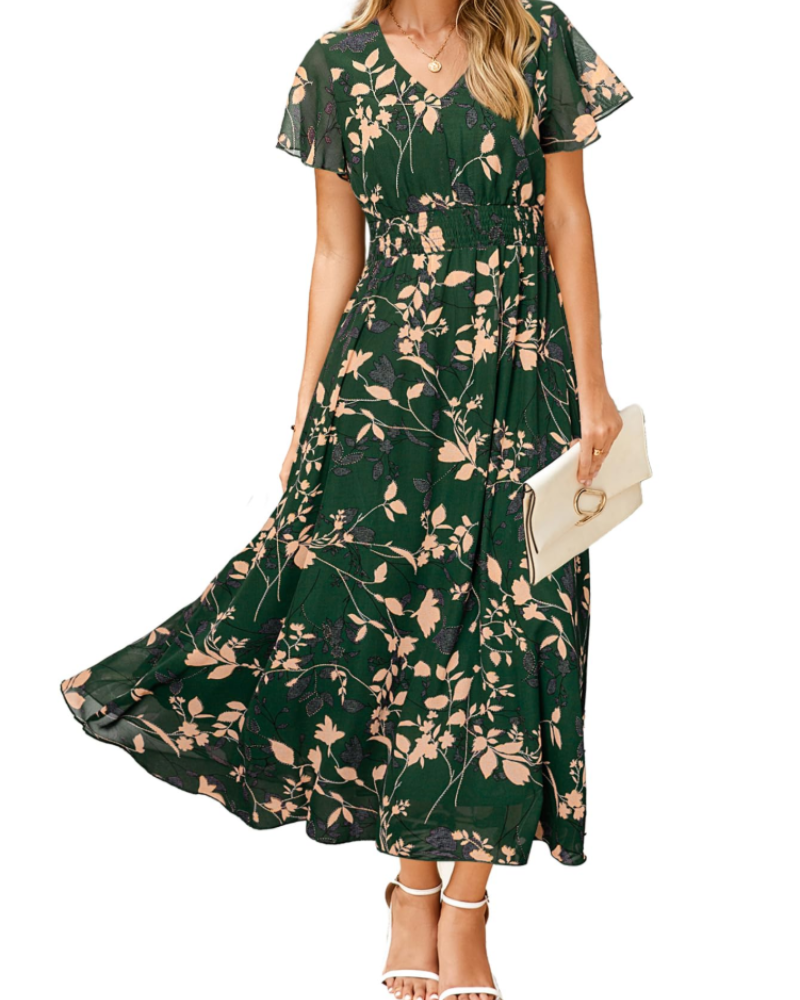 Isabella Women's Floral Maxi Dress – V-Neck Flutter Sleeve Dress for Weddings