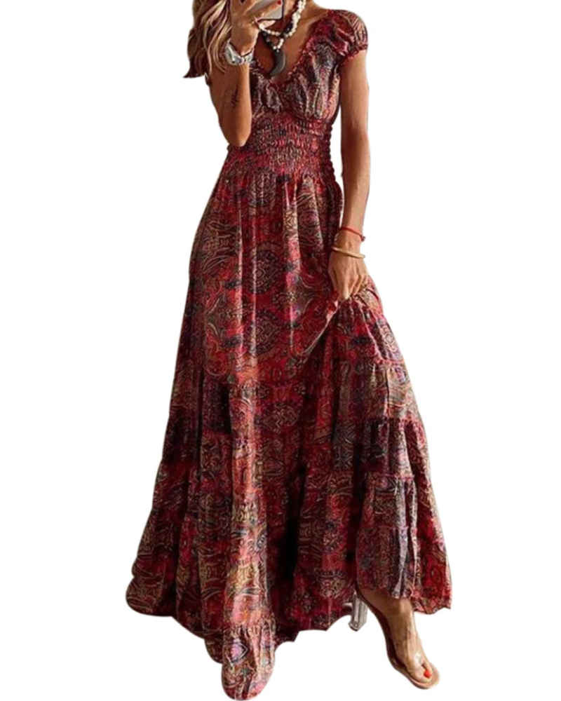 Freya Women's Boho Maxi Dress – Floral V-Neck Summer Dress with Elastic Waist