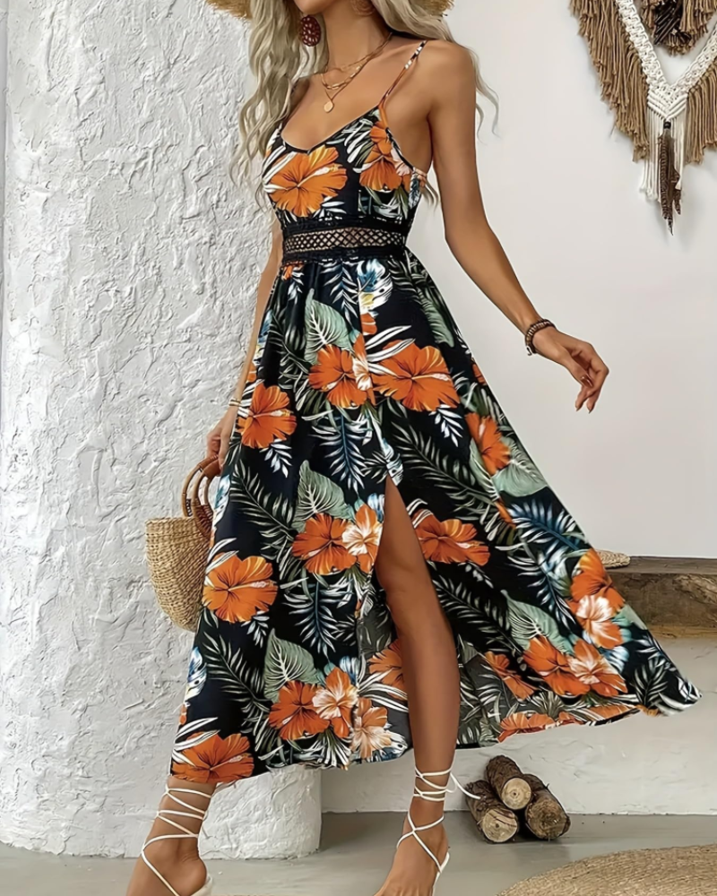 Paige Women's Floral Maxi Dress – U-Neck Adjustable Straps Boho Flowing Summer Dress