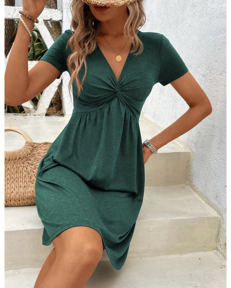 Evelyn Women's Mini Dress – V-Neck A-Line Summer Dress with Pleated Bust Detail