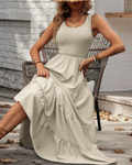 Serena Women’s Midi Dress – Sleeveless Ruffle Swing Dress with Square Neck