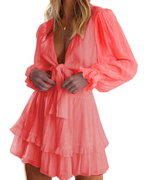 Lara Women's Mini Dress – Deep V-Neck Bow Front Ruffle Hem Long Sleeve Dress