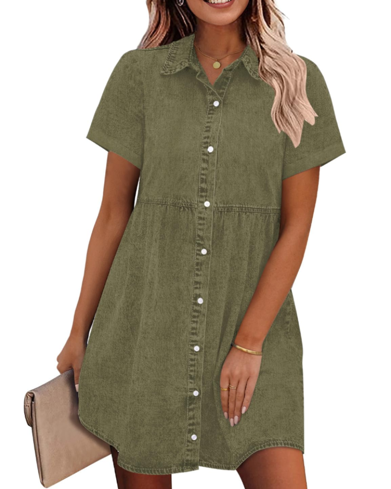 Emma Women's Denim Shirt Dress – Babydoll Button Down Dress with Tiered Detail