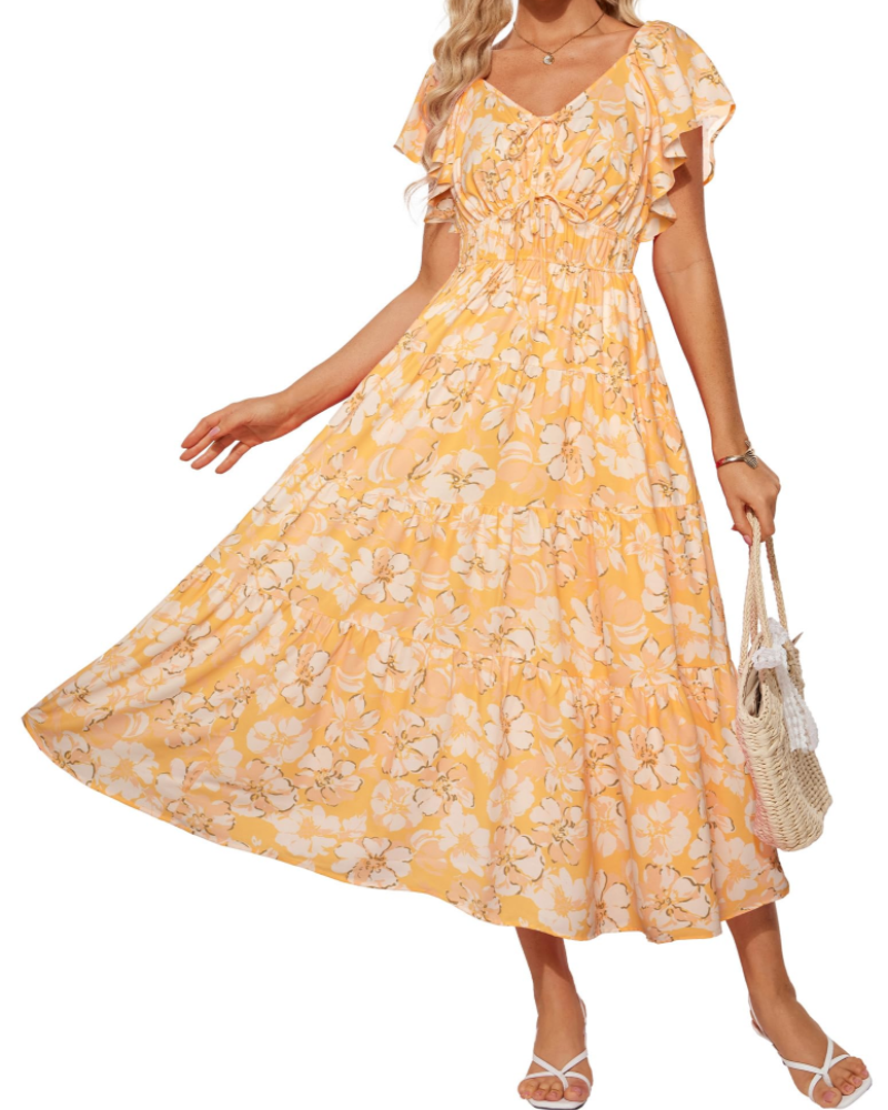 Camryn Women's Floral Maxi Dress – V-Neck Ruffle Sleeve Elastic Waist Boho Dress