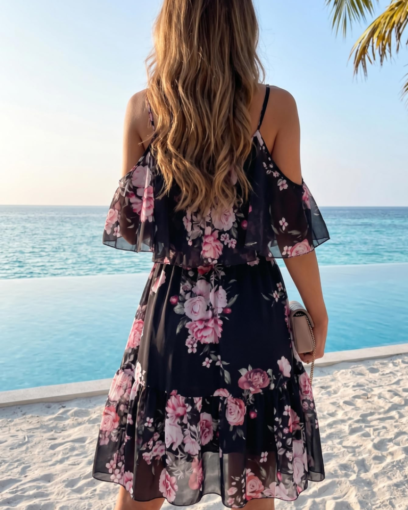 Daisy Women’s Floral Mini Dress – Off Shoulder Ruffle Hem Summer Beach Dress