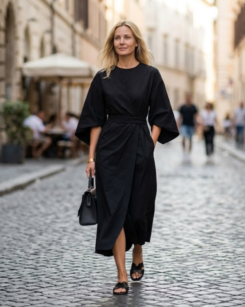Louise Women’s Elegant Dress – Flowy Puff Sleeve Midi Dress with Adjustable Waist