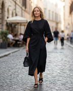 Louise Women’s Elegant Dress – Flowy Puff Sleeve Midi Dress with Adjustable Waist