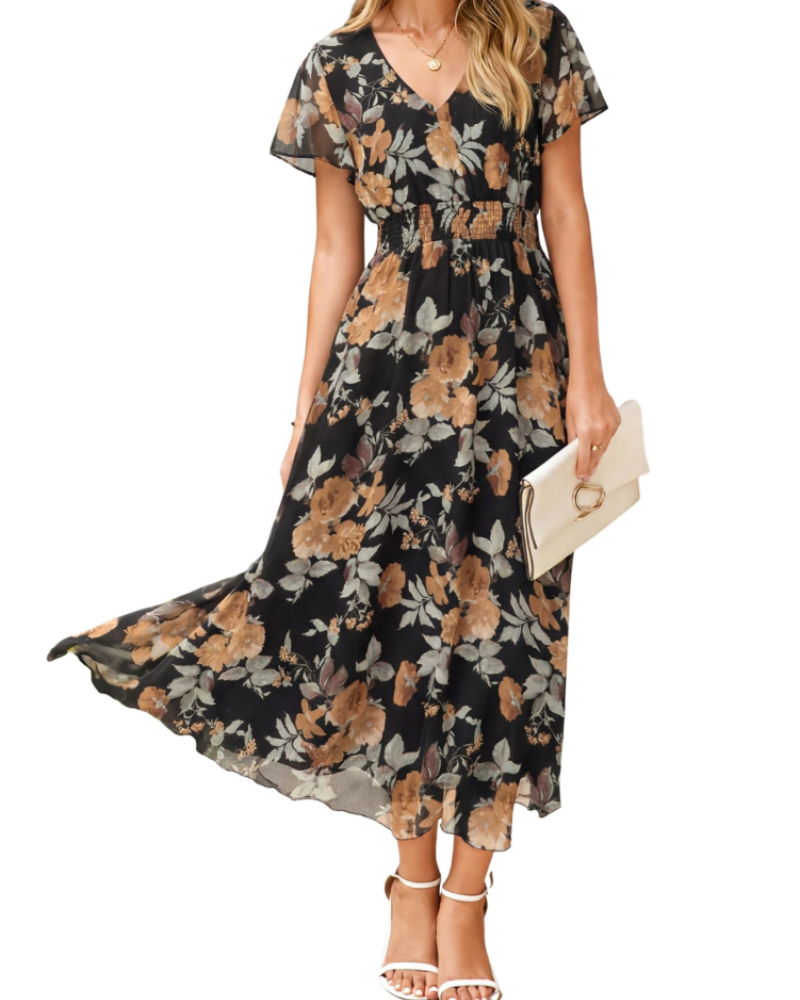Isabella Women's Floral Maxi Dress – V-Neck Flutter Sleeve Dress for Weddings
