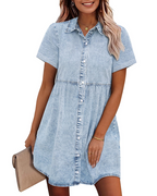 Emma Women's Denim Shirt Dress – Babydoll Button Down Dress with Tiered Detail