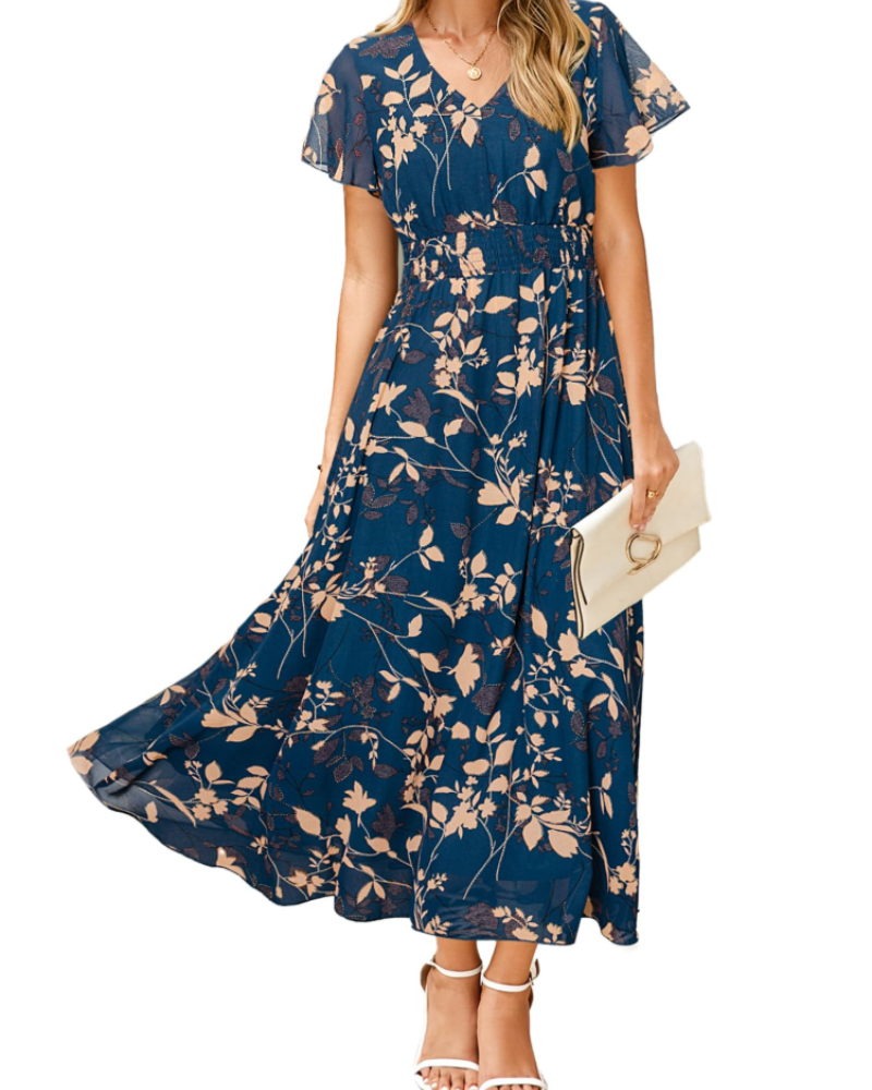 Isabella Women's Floral Maxi Dress – V-Neck Flutter Sleeve Dress for Weddings
