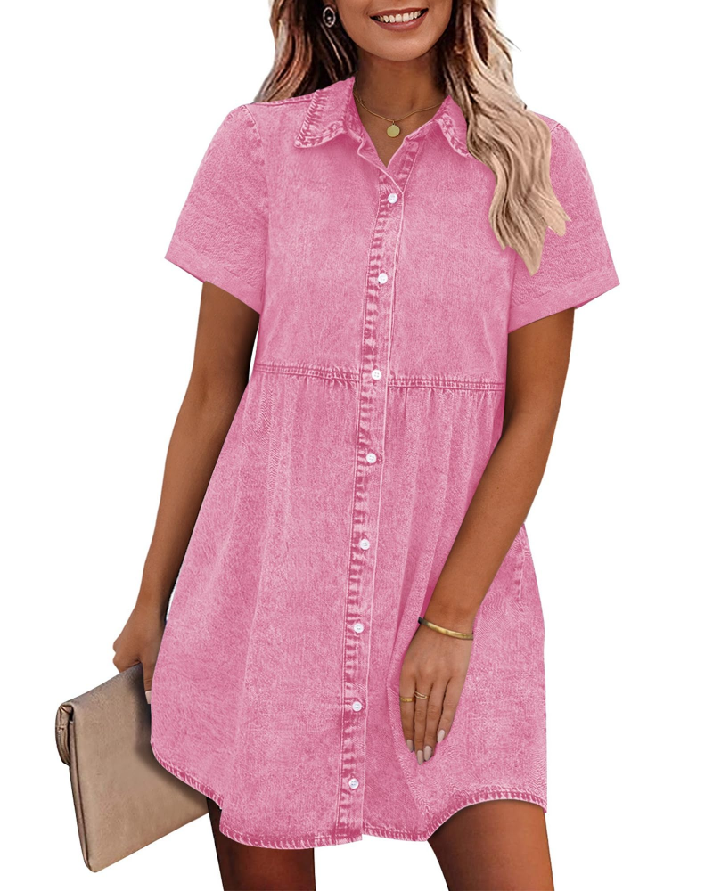Emma Women's Denim Shirt Dress – Babydoll Button Down Dress with Tiered Detail