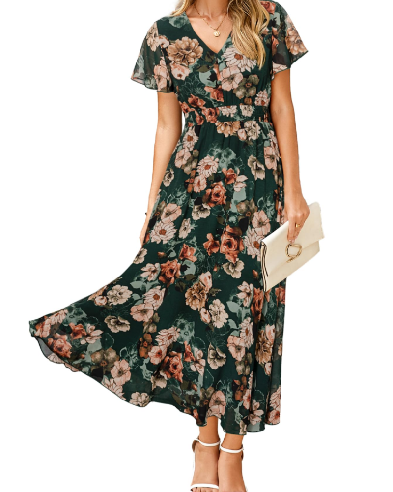 Isabella Women's Floral Maxi Dress – V-Neck Flutter Sleeve Dress for Weddings