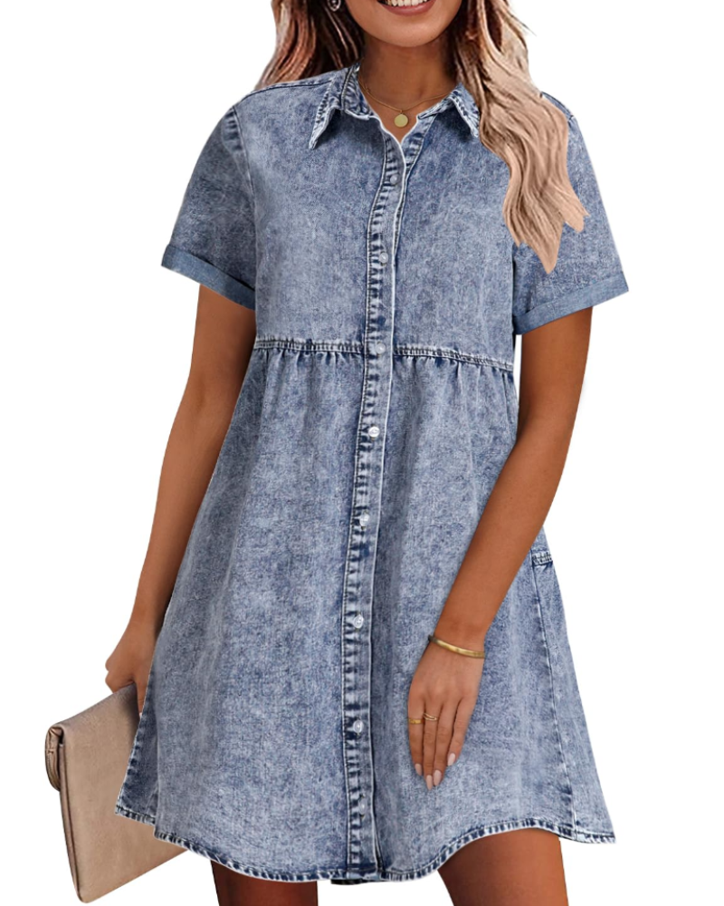 Emma Women's Denim Shirt Dress – Babydoll Button Down Dress with Tiered Detail