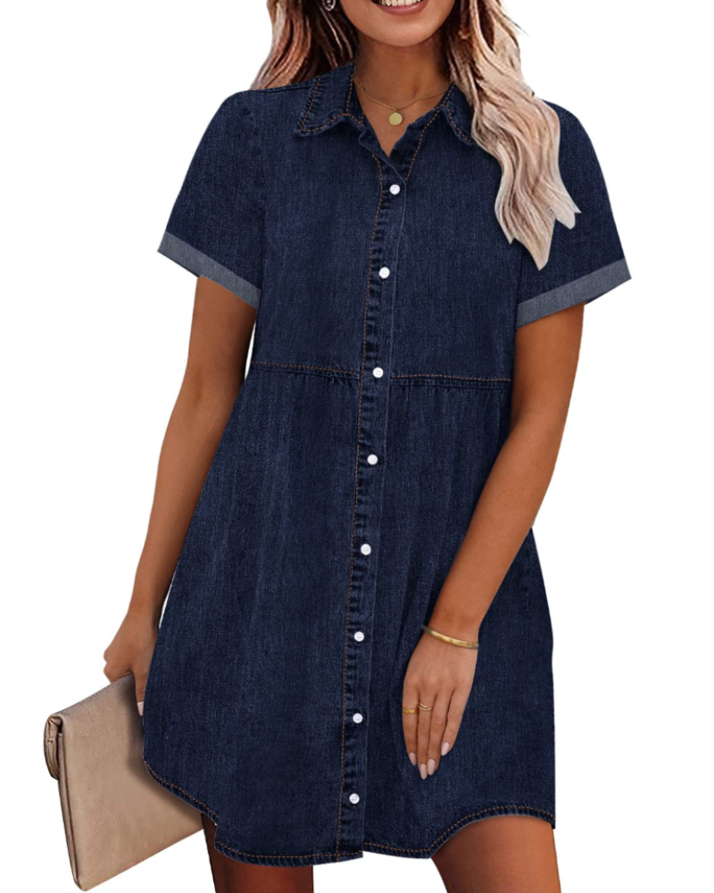 Emma Women's Denim Shirt Dress – Babydoll Button Down Dress with Tiered Detail