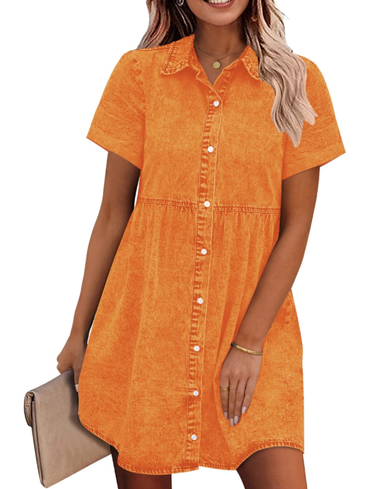 Emma Women's Denim Shirt Dress – Babydoll Button Down Dress with Tiered Detail