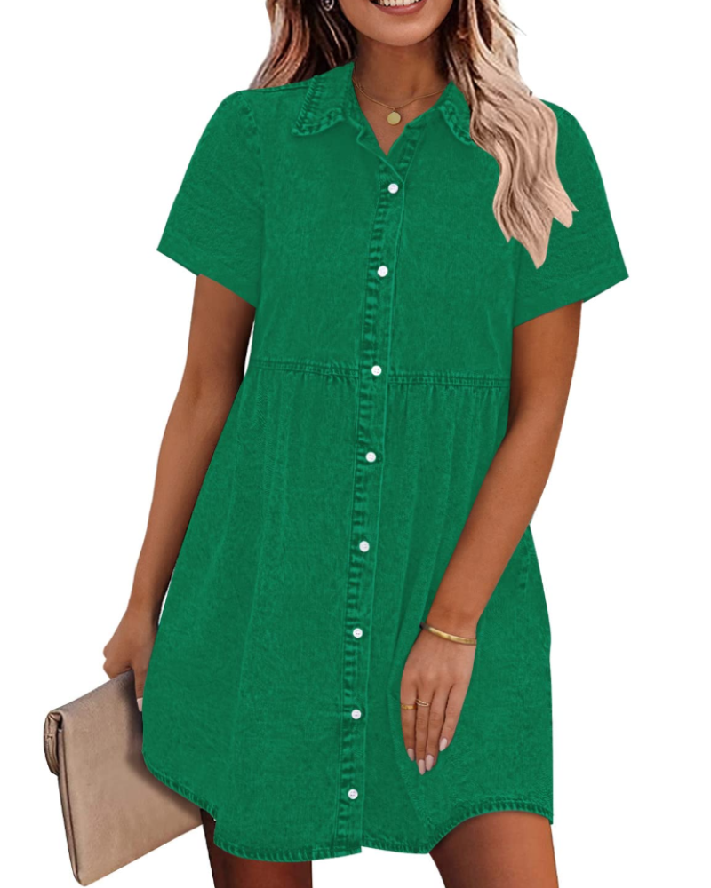 Emma Women's Denim Shirt Dress – Babydoll Button Down Dress with Tiered Detail