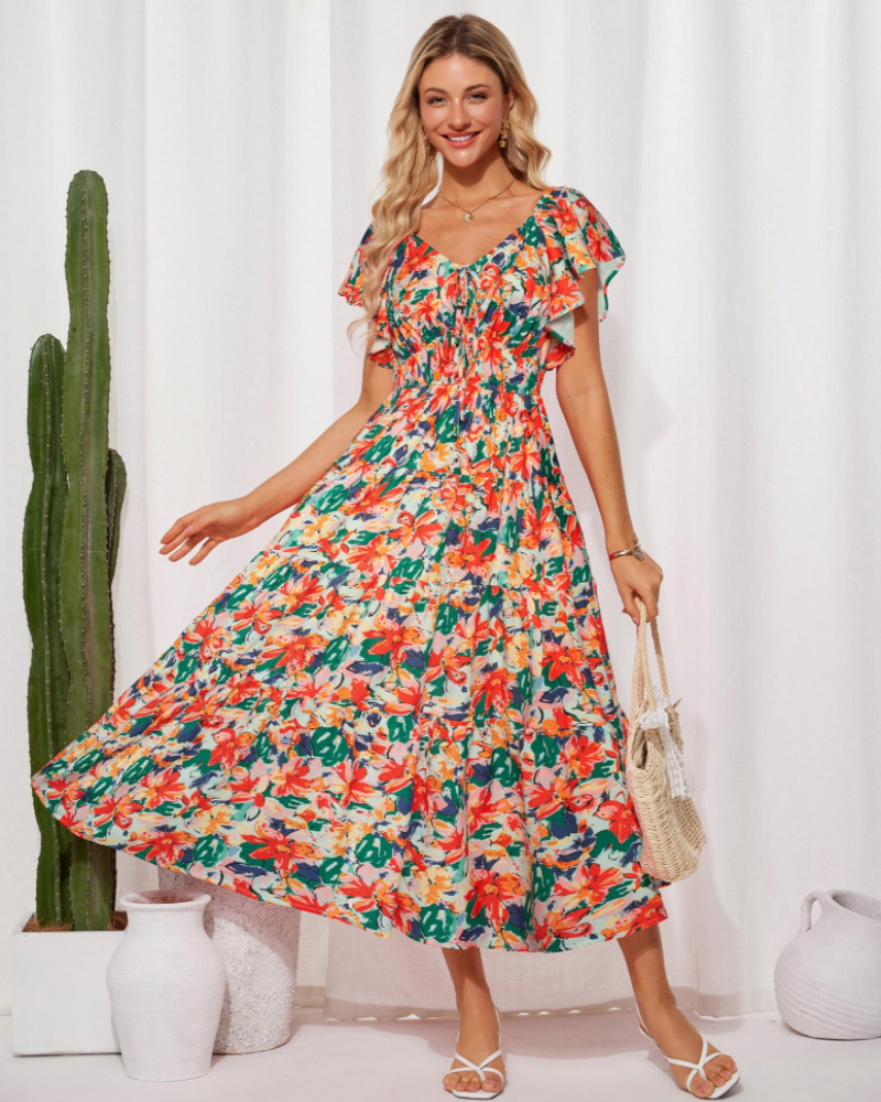 Camryn Women's Floral Maxi Dress – V-Neck Ruffle Sleeve Elastic Waist Boho Dress