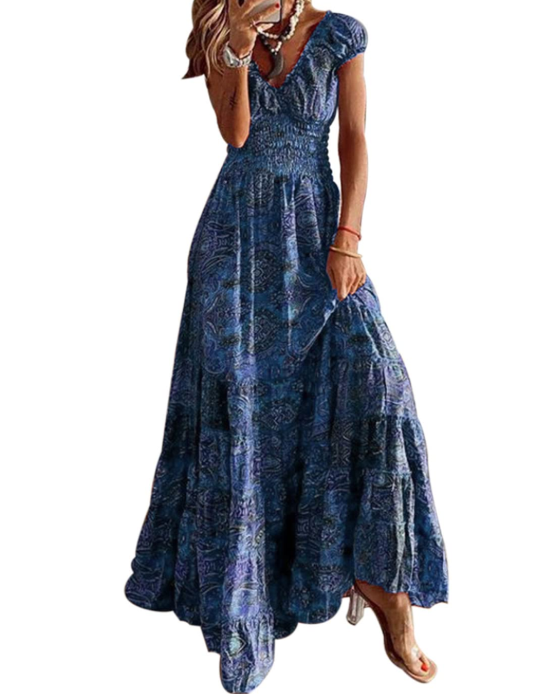 Freya Women's Boho Maxi Dress – Floral V-Neck Summer Dress with Elastic Waist