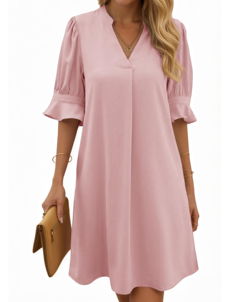 Tessa Women's V-Neck Midi Dress – Ruched Sleeve Summer Dress in Solid Color