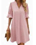 Tessa Women's V-Neck Midi Dress – Ruched Sleeve Summer Dress in Solid Color