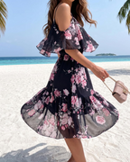 Daisy Women’s Floral Mini Dress – Off Shoulder Ruffle Hem Summer Beach Dress