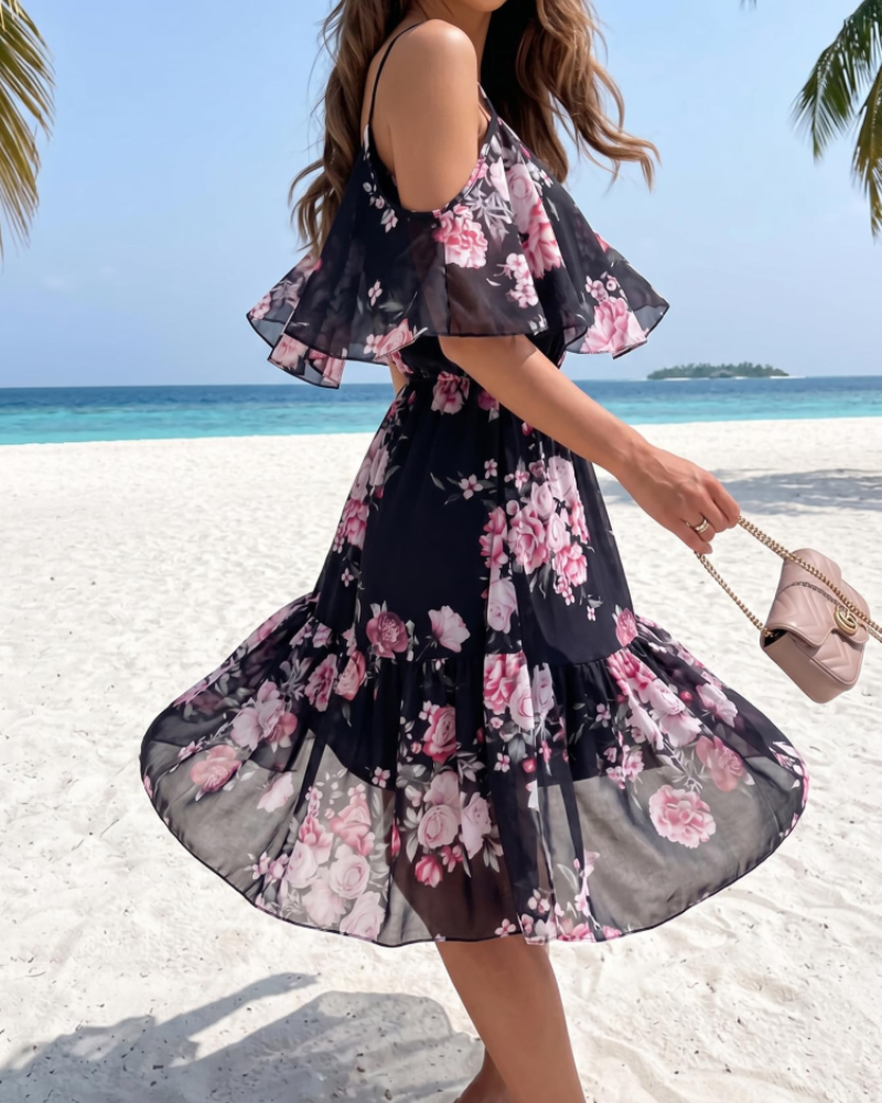 Daisy Women’s Floral Mini Dress – Off Shoulder Ruffle Hem Summer Beach Dress