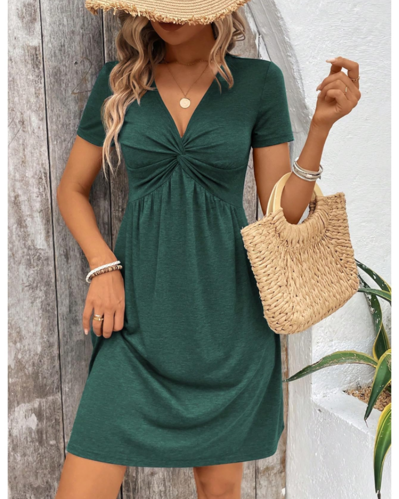 Evelyn Women's Mini Dress – V-Neck A-Line Summer Dress with Pleated Bust Detail